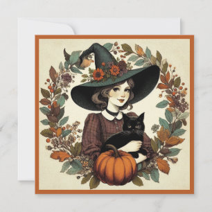 Carte Sorcière d'Halloween rétro avec chat noir et Citro