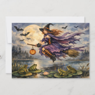 Carte Sorcière d'Halloween volant au-dessus de l'étang a