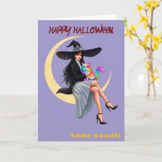 Carte Sorcière élégante et chat arc-en-ciel Halloween