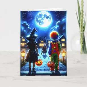 Carte Sorcière et clown regardant un Halloween monstre