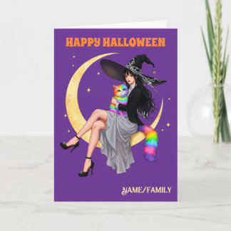Carte Sorcière Fantaisiste et Chat Arc-en-ciel Halloween