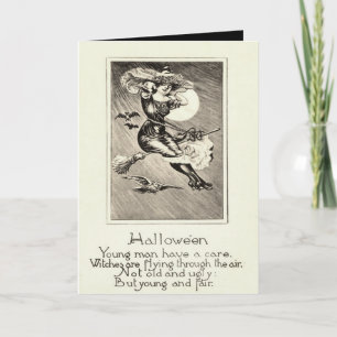 Carte Sorcière monochrome volant balai hibou chauve-sour