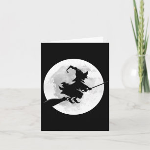 Carte Sorcière sur balai avec lune pleine dessin drôle p