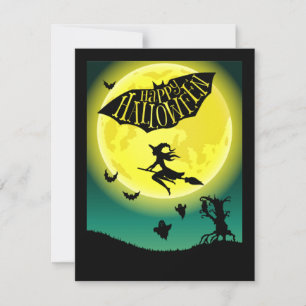 Carte Sorcière sur Broom Halloween heureux