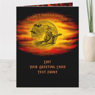 Carte Sorcière volante avec chat noir, nuit halloween