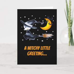 Carte Sorcière volante et Lune Croissante Halloween nuit