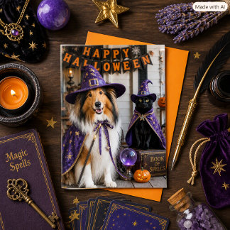 Carte Sorciers Fantaisistes Collie & Chat Halloween Plié