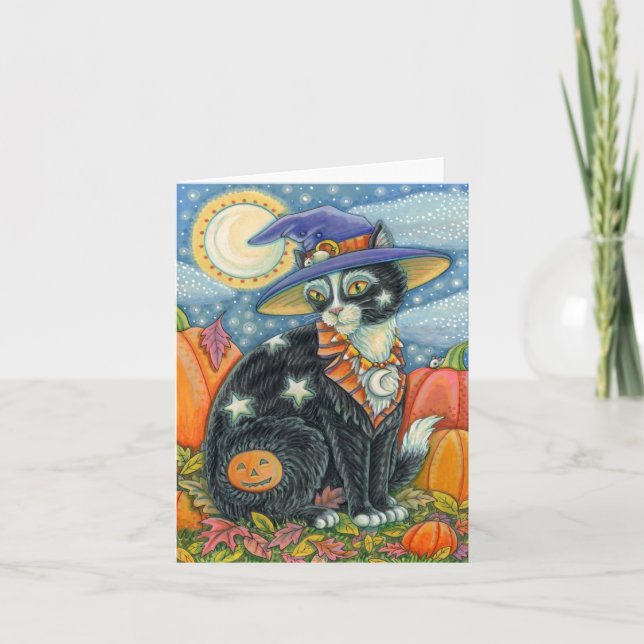 Carte SORTILÈGE CHAT NOIR SORCIÈRE, SOURIS HALLOWEEN Bla (Devant)