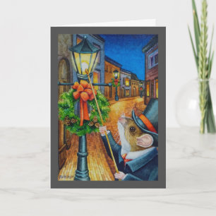 Carte Souris allumoir de Noël de Dickens en aquarelle