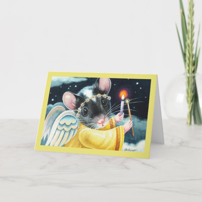 Carte Souris ange de Noël et chandelle Art à l'aquarelle (Devant)