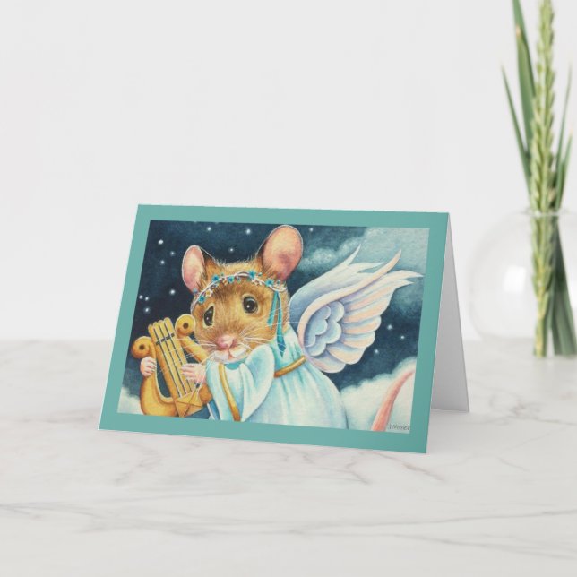 Carte Souris ange de Noël jouant de la lyre Art aquarell (Devant)