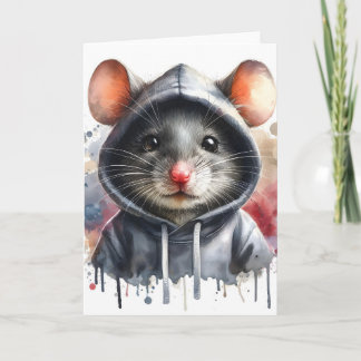 Carte Souris aquarelle en gris à capuche Splash Art 
