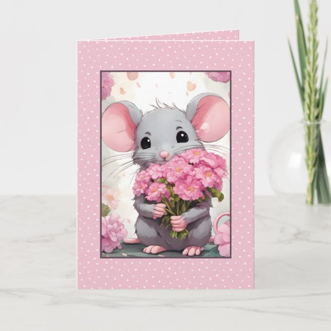 Carte Souris Avec Fleurs Roses Sur Pois (Devant)