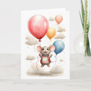 Carte Souris d'aquarelle mignonne flottante avec ballons