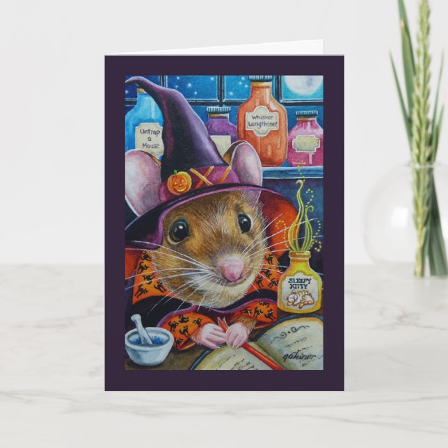 Carte Souris en sorcière d'Halloween et potion aquarelle (Devant)