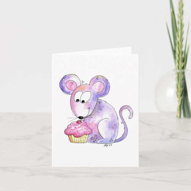 Carte Souris fantaisiste mignonne avec un cupcake (Devant)