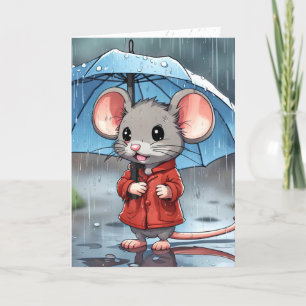 Carte Souris Gris Avec Parapluie En Pluie