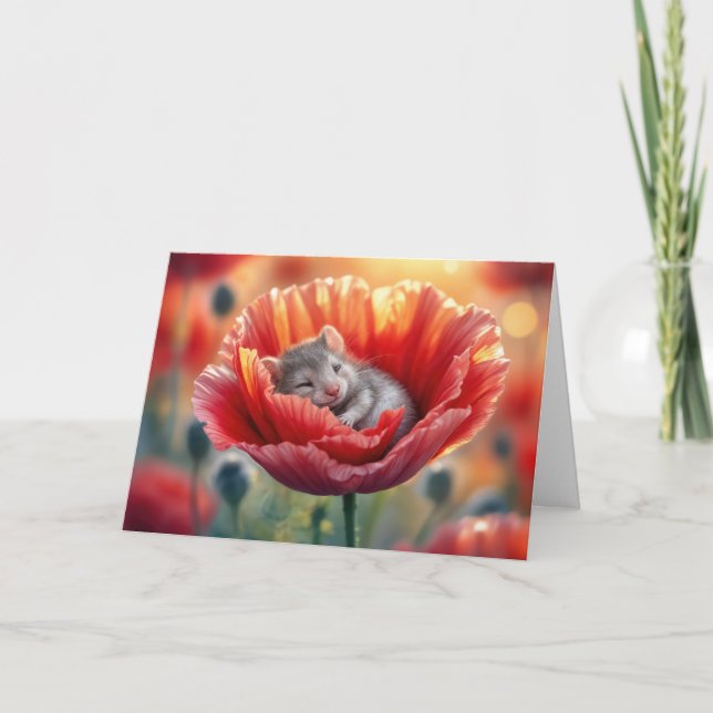Carte Souris mignonne d'anniversaire dormant dans un coq (Devant)