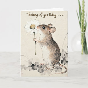 Carte Souris tenant une fleur pensant à vous