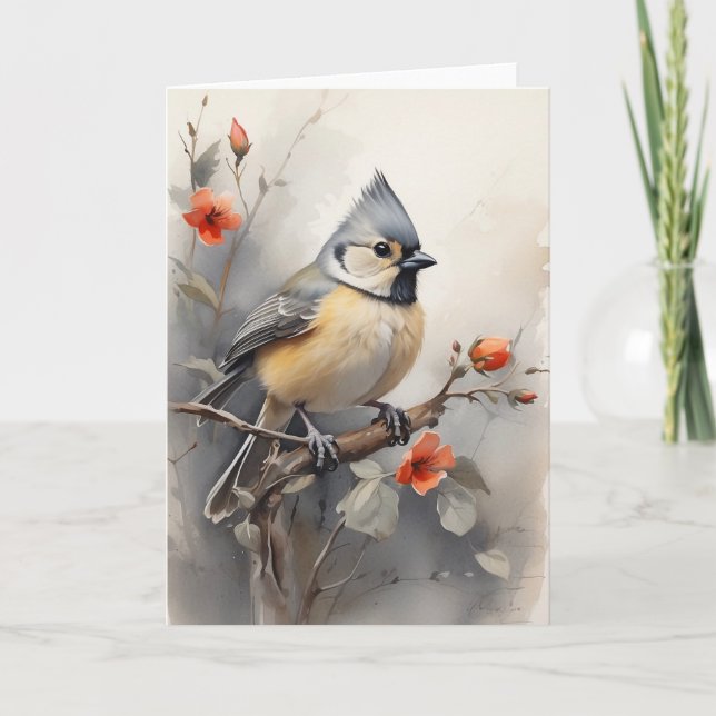 Carte Souris Tufted reposant sur Arbre Fleurs rouges vie (Devant)
