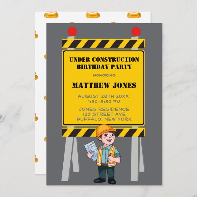 Carte Sous Construction Builder fête d'anniversaire (Devant / Derrière)