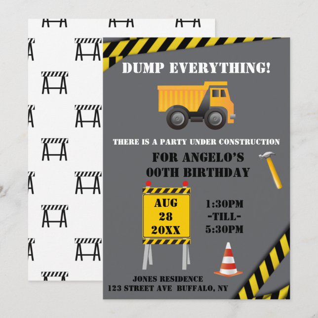 Carte Sous Construction Camion Camion fête d'anniversair (Devant / Derrière)