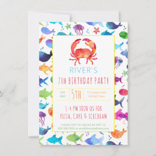 Carte Sous la mer Rainbow Fish Birthday Party Crab