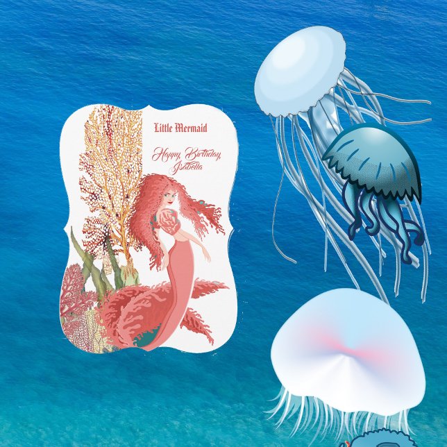 Carte Sous la mer Rouge Sirène Corail Salutation d'anniv (Under The Sea Red Mermaid Coral Birthday Greeting Card)