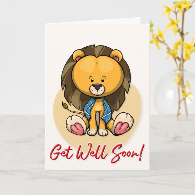 Carte Soyez Bien Bientôt Cute Lion Grey Card (Fleur jaune)