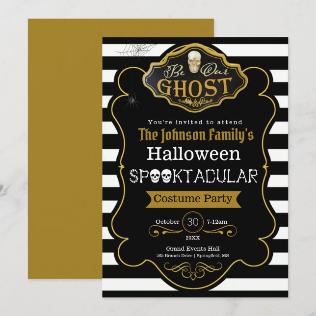 Carte Soyez Notre Ghost Black & Gold Costume Party Invit (Devant / Derrière)