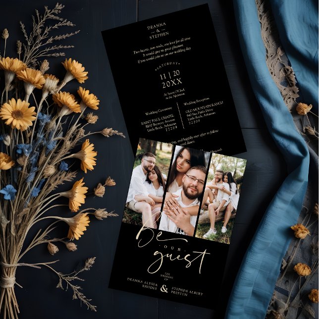 Carte Soyez notre Mariage de collection de scripts de de (Be our Guest Quote Script Collage 3 Photos Black Trendy Wedding Invitation with Envelope.)
