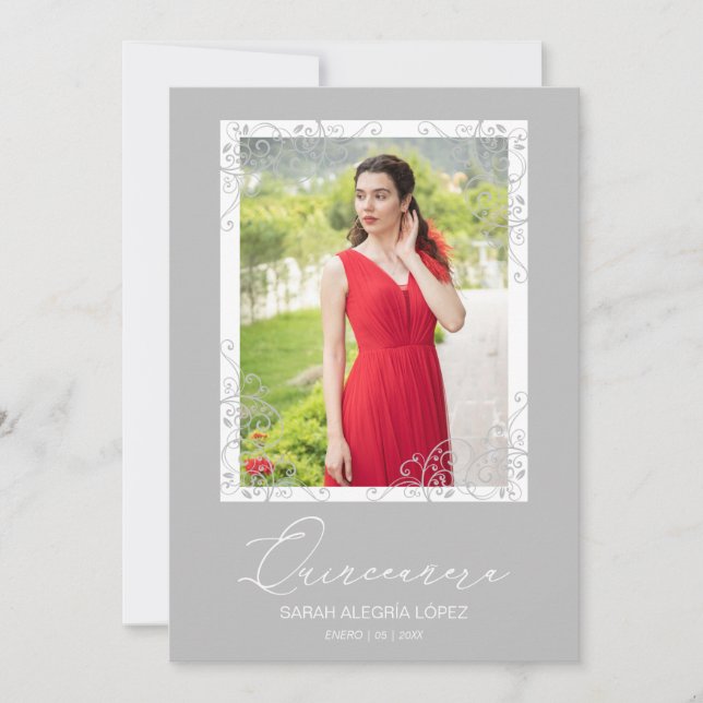 Carte Spanish Flourish Grey Ornament Photo Quinceañera  (Devant)