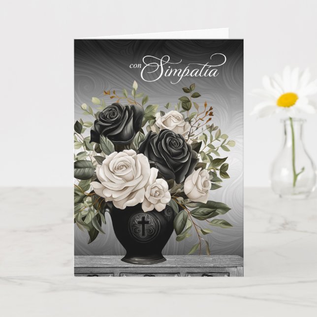 Carte Spanish Sympathy Vase of Black and White Roses (Petite plante)