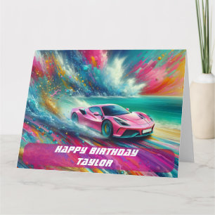 Carte Sportscar rose vibre sur une plage tropicale