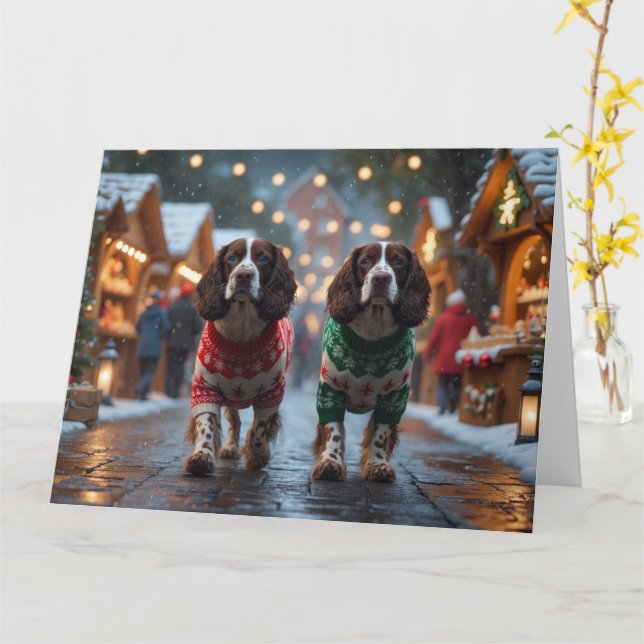 Carte Springer Spaniel Chiens Noël Fête de la neige (Fleur jaune)