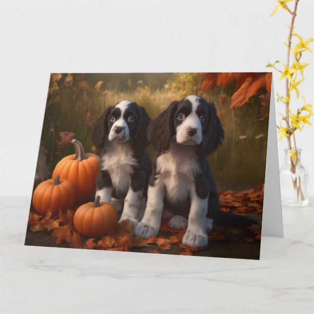 Carte Springer Spaniel chiot Automne Délice Citrouille  (Fleur jaune)