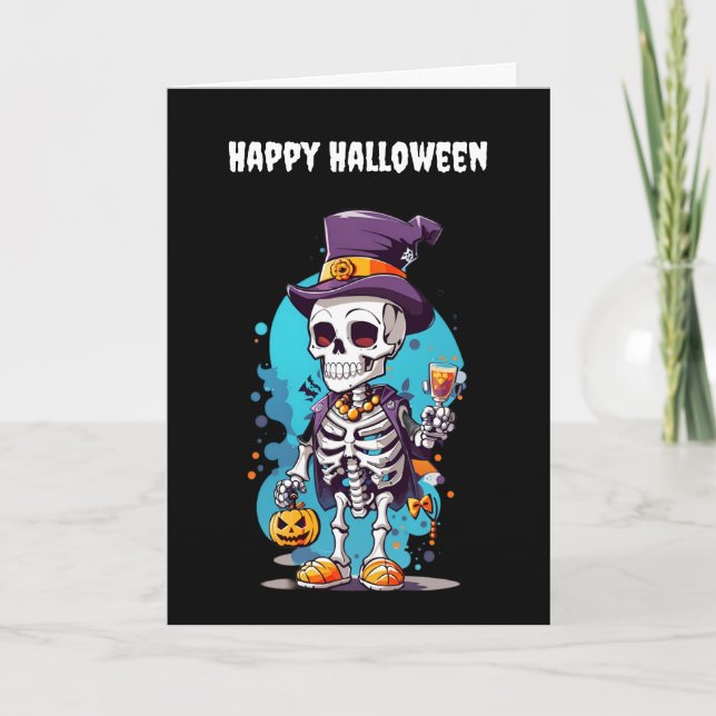 Carte Squelette cool dans un Halloween de chapeau haut d (Devant)