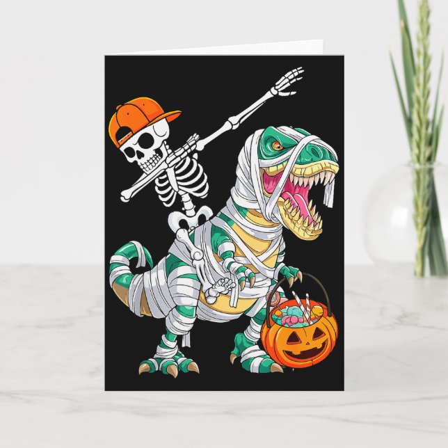 Carte Squelette faisant du Dab de danse en montant Dinos (Devant)