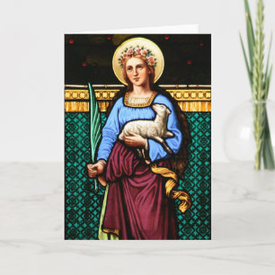 Carte St Agnes de Rome, tenant agneau et feuille de palm