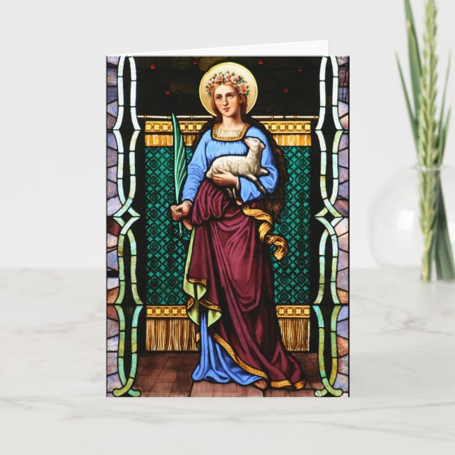 Carte St Agnes de Rome, tenant agneau et feuille de palm (Devant)
