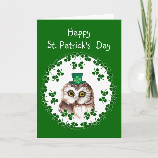Carte St. Patrick's Day Shamrock Cute Owl sagesse & chan (Devant)