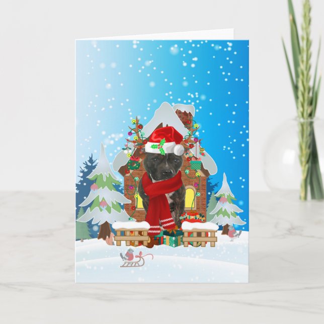 Carte Staffordshire Bull Terrier dans la neige avec Noël (Devant)