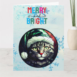 Carte Stained-Glass Christmas Grey Tabby In Green Hat