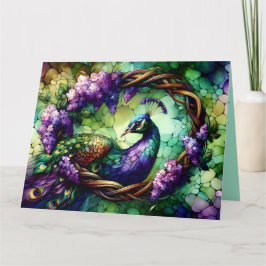 Carte Stained Glass Peacock Floral Wreath Art