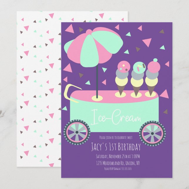Carte Stand de glace Confetti Fête d'anniversaire Rose (Devant / Derrière)