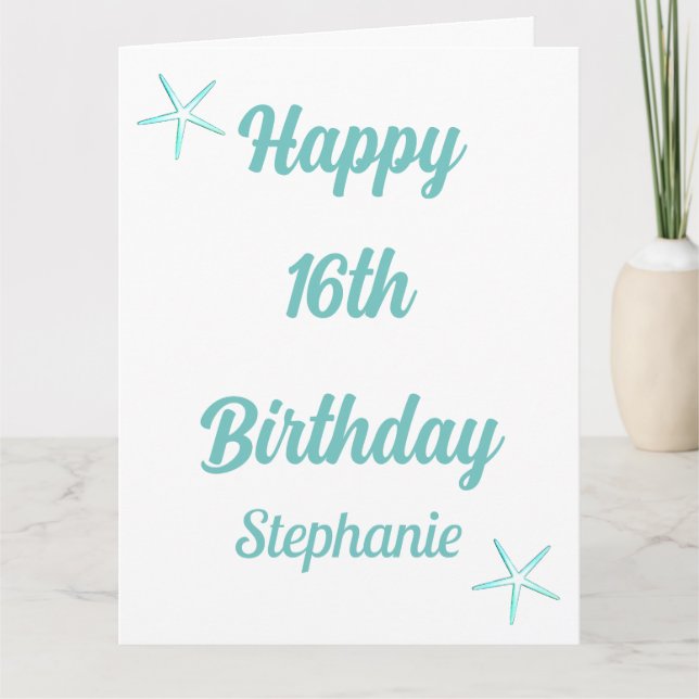 Carte Starfish 16e anniversaire Seize bleu Turquoise Nom (Devant)