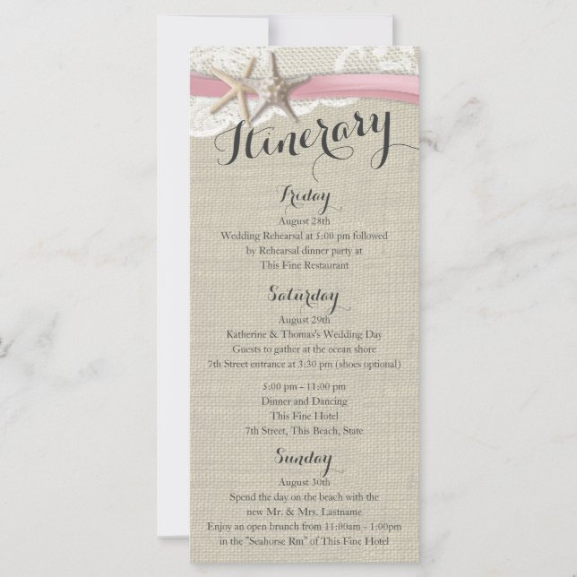 Carte Starfish et dentelle Rustic Beach Mariage Itinérai (Devant)