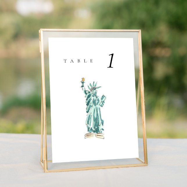 Carte Statue de la Liberté New York Mariage Numéro de ta (Watercolor Statue of Liberty New York City Skyline wedding table number sign.)