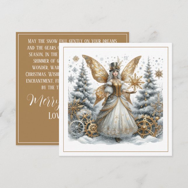 Carte Steampunk Christmas – Golden Fairy in Snowy Forest (Devant / Derrière)