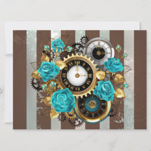 Carte Steampunk Clock and Turquoise Roses on Striped